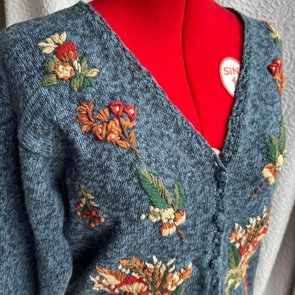 Vintage‎ 1997 Heirloom Collectibles Blue Cardigan Sweater Mushroom Embroidery - Picture 3 of 8